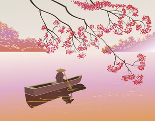 Sakura . A lone boatman, floats on the the lake in the spring.