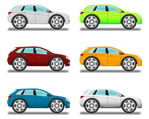 Crossover. Cartoon car with big wheels, six colors.