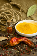 Turmeric in saucer with spices and paprika