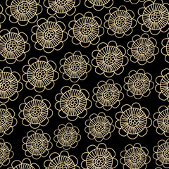 Beige subtle lacy flowers on black seamless pattern, vector