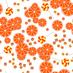 Seamless pattern of oranges citrus slices and candy lollipops