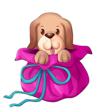 Cartoon illustration of a puppy pop up from gift wrap
