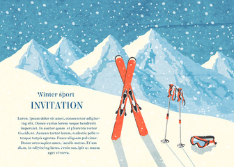 Ski winter mountain landscape card - obrazy, fototapety, plakaty