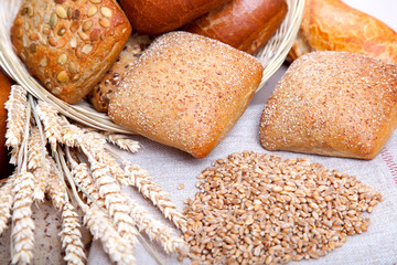 Bread,  bread grain and ears bunch. still life on rustic backgro