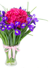 hortensia and iris flowers bouquet in vase