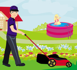 A vector illustration of a man mowing the lawn