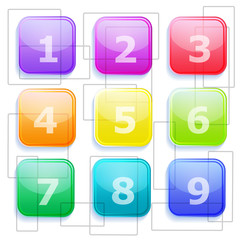3D set of transparent colored buttons with numbers 1 - 9