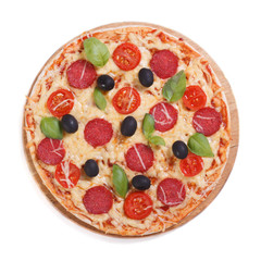 pizza with salami, olives and basil isolated on white