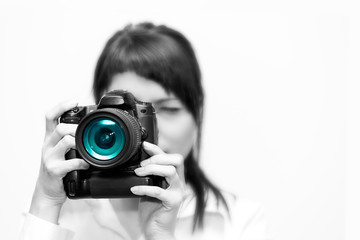Woman photographer with camera - obrazy, fototapety, plakaty