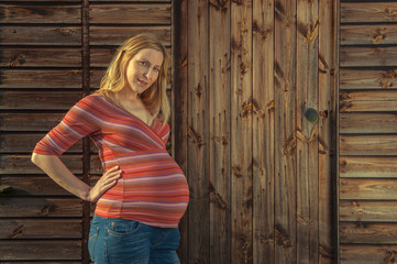 Fototapeta premium Pregnant woman against wooden door