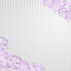 Background with paper flowers, violet on white stripes