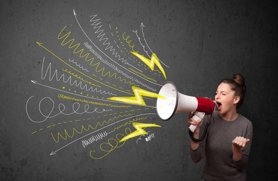 Cute girl shouting into megaphone with hand drawn lines and arro