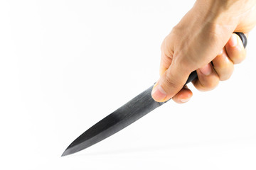 hand with kitchen knife isolated on white background