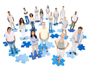 Large Group of People on Jigsaw Pieces