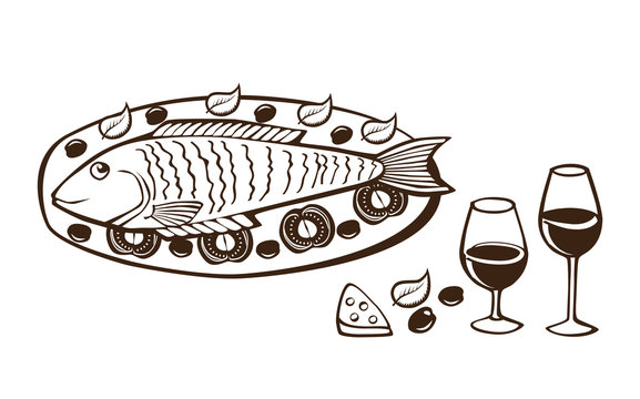 fish and wine vector illustration
