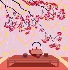Love birds, sakura, spring, Valentine's Day.Tea ceremony
