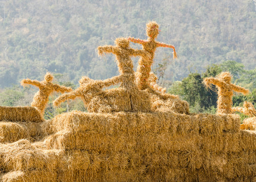 scarecrows stand together in the garden