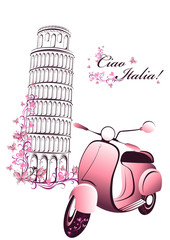 Naklejka premium Retro postcard travel to Italy. Vintage scooter and Pisa tower