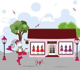 Naklejka premium Cartoon of Woman window shopping with dog