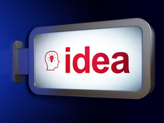 Advertising concept: Idea and Head With Lightbulb on billboard