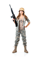Soldier young beautiful girl dressed in a camouflage with a gun