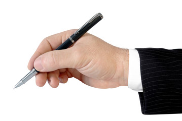 Man's hand holding a pen isolated on white background.