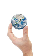 Hand holding planet earth isolated on white background.