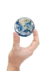 Hand holding planet earth isolated on white background.