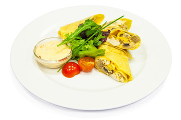 Pancake with chicken, mushroom and sauce on plate, menu