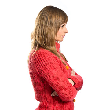 Young women with hers arms crossed over white background