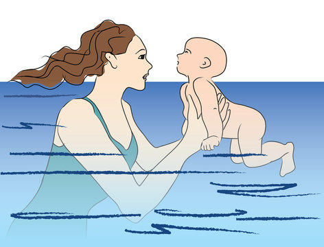 Girl swims with her baby. Swimming lesson