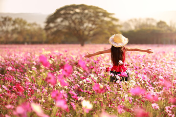 Little girl standing in cosmos flower fields