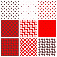 Vector brown, white, red polka dots, houndstooth background set
