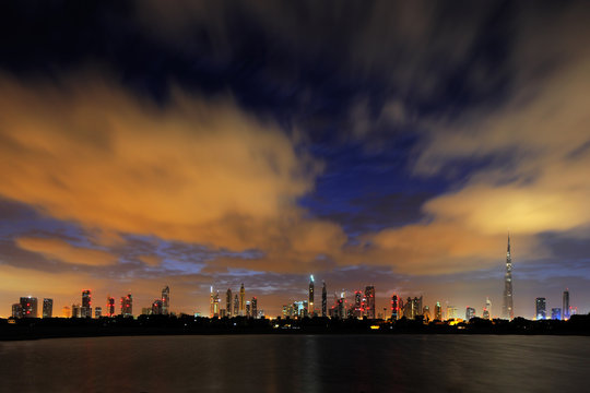 A dynamic skyline of Dubai, UAE at dawn