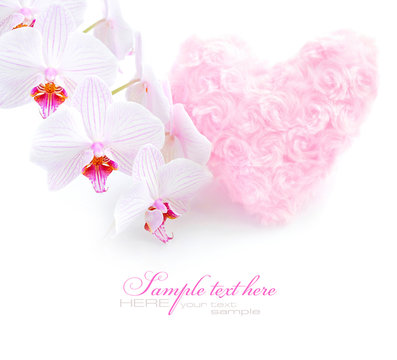 Fur pink heart with a flowers orchid on white background