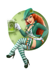 Girl in leprechaun suit with beer. Saint Patrick day. Isolated