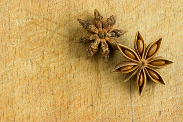 Anise stars on the vintage wooden