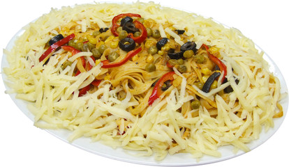 Italian spaghetti with mixed sauce, bacon and yellow cheese