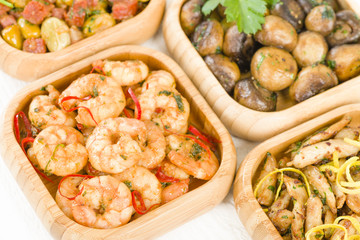 Tapas - Gambas Pil Pil, Pollo al Limon and Setas al Ajillo