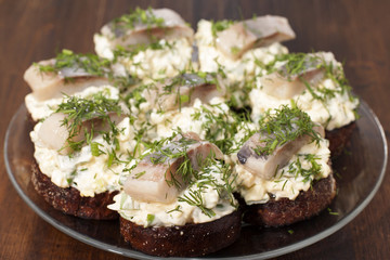 Herring fillet on toasted rye bread and salad with eggs, green o