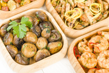Tapas - Setas al Ajillo, Pollo al Limon and Gambas Pil Pil