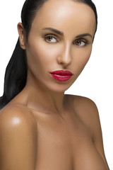 Woman with beauty long brown hair - posing at studio