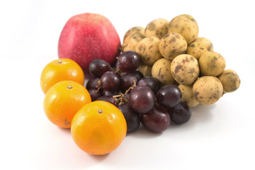 Lansium domesticum, grapes, orange, apple