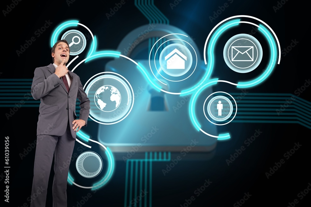 Poster composite image of thinking businessman with hand on chin