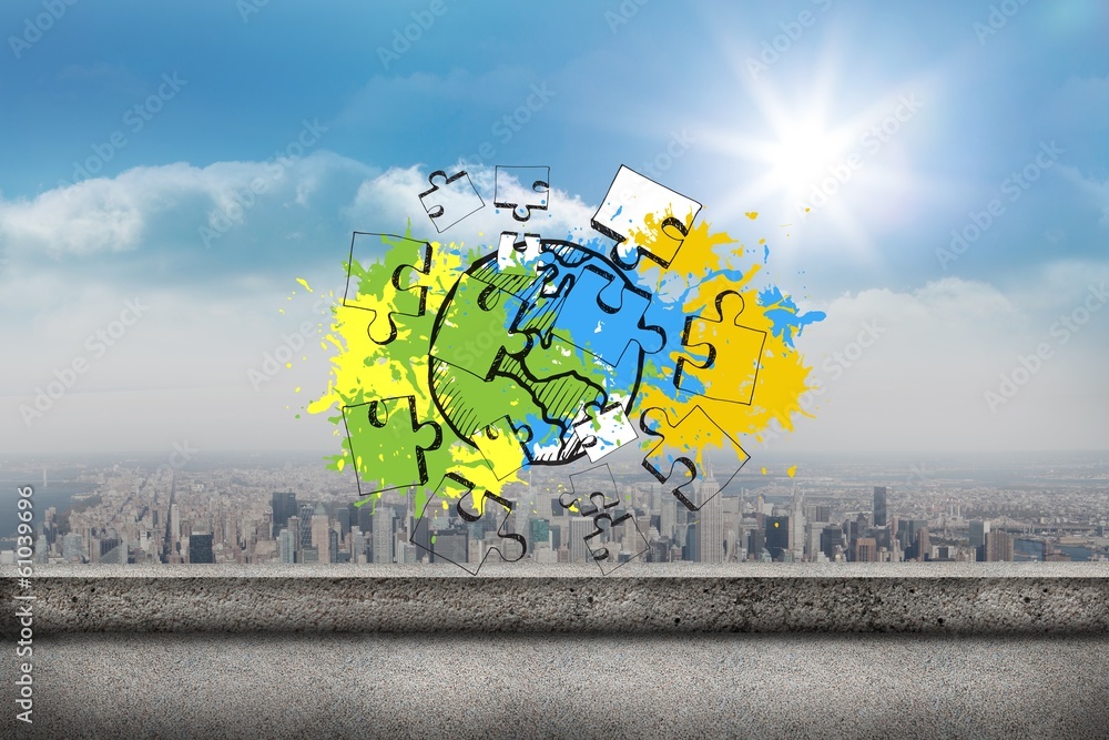 Poster composite image of earth and jigsaw on paint splashes