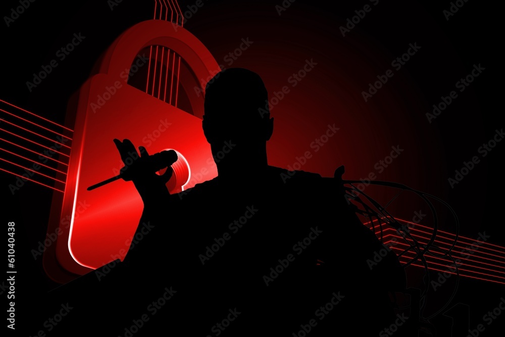 Poster Composite image of shiny red lock on black background