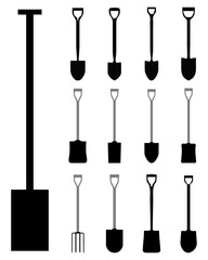 Black silhouettes of shovels and villas, vector illustration