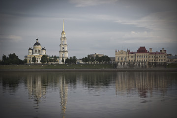 Skyline of Rybinsk embankment with dark vignette