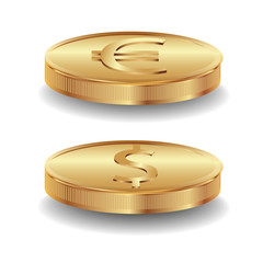Gold coins. Dollar and euro.