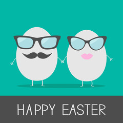 Egg easter couple with lips, mustaches and eyeglasses. Cute and